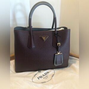 PRADA Saffiano Cuir Small Bi-Color Double Bag – Granato/Marmo